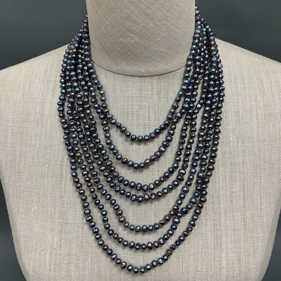7 Graduated Strands Beaded Gray Purple Multicolor Necklace Earrings Set - Picture 1 of 12